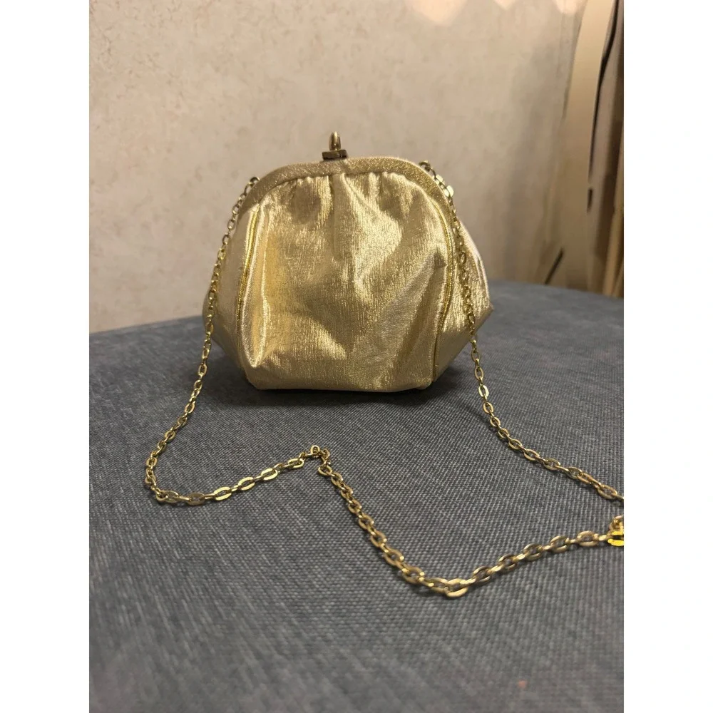 Vintage Gold Metallic Evening Clutch Bag Kiss Lock Chain Strap Formal‎ Wedding